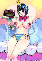 Rule 34 | 1girl, abs, absurdres, ancient princess menace, black hair, blue eyes, blush, breasts, breasts apart, cake, f.s., food, food on body, highres, large breasts, looking at viewer, menace (queen&#039;s blade), menace (queen's blade), navel, panties, queen&#039;s blade, short hair, solo, stomach, striped clothes, striped panties, thong, topless, underwear