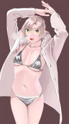 Rule 34 | 1girl, absurdres, ahoge, arms up, bikini, bikini under clothes, breasts, coat, collarbone, commentary request, cowboy shot, green eyes, highres, jacket, kantai collection, kinugasa (kancolle), long sleeves, looking at viewer, navel, ojipon, open clothes, open mouth, silver bikini, silver hair, simple background, smile, solo, string bikini, swimsuit, swimsuit under clothes