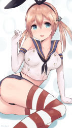 Rule 34 | alternate costume, arm support, ass, bad id, bad pixiv id, black panties, blonde hair, blue eyes, breasts, cosplay, crop top, elbow gloves, gloves, hair between eyes, hairband, highleg, highleg panties, highres, kantai collection, kinryuu, long hair, low twintails, medium breasts, microskirt, midriff, navel, panties, prinz eugen (kancolle), sailor collar, school uniform, serafuku, shimakaze (kancolle), shimakaze (kancolle) (cosplay), shirt, skirt, sleeveless, sleeveless shirt, solo, striped clothes, striped thighhighs, thighhighs, thighs, thong, twintails, underwear, white gloves