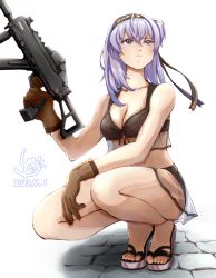 Rule 34 | 1girl, barefoot, bikini, black bikini, black headband, breasts, brown gloves, cleavage, clothes writing, collarbone, dated, gloves, grey eyes, grey hair, hachimaki, hair between eyes, headband, holding, holding weapon, kantai collection, large breasts, ld (luna dial398), long hair, one side up, sandals, signature, solo, suzutsuki (kancolle), swimsuit, weapon