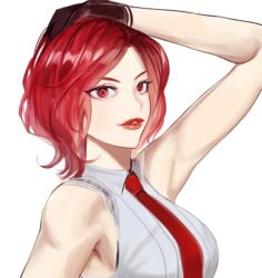 Rule 34 | 1girl, breasts, gloves, large breasts, lipstick, looking at viewer, makeup, matching hair/eyes, mature female, necktie, red eyes, red hair, snk, the king of fighters, vanessa (kof)