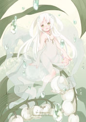 Rule 34 | 1girl, bare shoulders, blurry, blush, character name, copyright name, depth of field, dress, english text, flat chest, flower, full body, green eyes, leaf, long hair, looking at viewer, mia0309, mini person, minigirl, open mouth, pixiv fantasia, pixiv fantasia new world, plant, see-through, sitting, solo, very long hair, water, white dress, white hair
