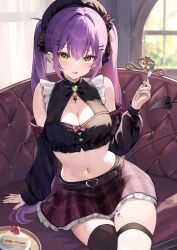 Rule 34 | 1girl, absurdres, alternate costume, aria (ariacue), bare shoulders, belt, beret, black hat, black shirt, black thighhighs, bow, bowtie, breasts, cake, cake slice, cleavage, cleavage cutout, clothing cutout, couch, crop top, demon tail, detached sleeves, ear piercing, earrings, food, fork, frilled shirt, frilled skirt, frills, green eyes, green nails, hair bow, hair ornament, hairclip, hand up, hat, highres, holding, holding fork, hololive, jewelry, long hair, long sleeves, looking at viewer, medium breasts, midriff, miniskirt, multicolored nails, nail polish, navel, navel piercing, open mouth, piercing, pink nails, plaid, plaid skirt, purple hair, purple skirt, shirt, sidelocks, single thighhigh, sitting, skindentation, skirt, sleeveless, sleeveless shirt, solo, stomach, tail, thigh strap, thighhighs, thighs, tokoyami towa, twintails, very long hair, virtual youtuber