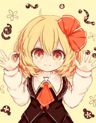 Rule 34 | 1girl, absurdres, ahoge, ascot, blonde hair, chocolate, closed mouth, commentary request, food, hair ribbon, highres, holding, holding chocolate, holding food, light blush, long sleeves, looking at viewer, medium hair, red ascot, red ribbon, ribbon, ro.ro, rumia, smile, solo, touhou, yellow background, yellow eyes