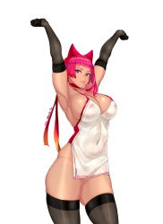Rule 34 | 1girl, absurdres, armpits, arms up, asymmetrical hair, black gloves, black thighhighs, blunt bangs, breasts, cleavage, covered erect nipples, covered navel, cowboy shot, elbow gloves, gloves, hairband, highres, impossible clothes, large breasts, mole, mole under mouth, original, pink eyes, pink hair, ribbon, sideboob, simple background, skin tight, skindentation, solo, thighhighs, white background, zcune
