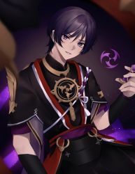 Rule 34 | 1boy, bad id, bad twitter id, black hair, black tunic, blurry, blurry foreground, depth of field, genshin impact, gloves, grin, hair between eyes, hand up, highres, light particles, looking at viewer, male focus, purple eyes, purple hair, scaramouche (genshin impact), shin (mac no), short hair, simple background, smile, solo, teeth