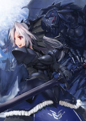 Rule 34 | 1girl, armor, bad id, bad pixiv id, barding, dragon, gauntlets, gloves, hairband, head wings, horns, knight, long hair, matsura ichirou, open mouth, original, red eyes, silver hair, smile, solo, sword, tongue, weapon, wings