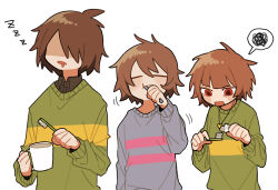 Rule 34 | 3others, :t, = =, absurdres, androgynous, blue sweater, brown hair, brushing teeth, chara (undertale), child, closed eyes, cup, deltarune, drooling, facing viewer, frisk (undertale), green sweater, hand up, heart pendant, highres, holding, holding cup, holding tooth, in-franchise crossover, jewelry, kris (deltarune), messy hair, mug, multiple others, no eyes, no nose, open mouth, other focus, pendant, red eyes, shaded face, short hair, simple background, spoken squiggle, squiggle, sweater, tadeno, toothpaste, undertale, upper body, white background, zzz