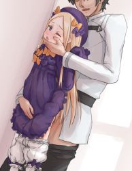 Rule 34 | 1boy, 1girl, abigail williams (fate), bad id, bad pixiv id, blonde hair, blue eyes, blush, clothed sex, clothes lift, clothes pull, dress, dress lift, fate/grand order, fate (series), frilled dress, frills, fujimaru ritsuka (male), grabbing another&#039;s chin, hairband, hand on another&#039;s chin, hat, hetero, implied sex, long hair, ribbon, sex, sex from behind, standing, tagme, very long hair