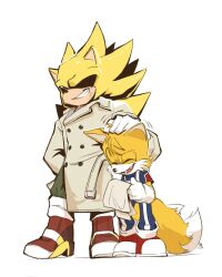 Rule 34 | 2boys, aioles, all might, all might (cosplay), alternate costume, animal ears, animal nose, blue pants, boku no hero academia, closed eyes, coat, commentary, cosplay, english commentary, fox boy, fox ears, fox tail, full body, furry, furry male, gloves, gym uniform, hand on another&#039;s head, highres, male focus, midoriya izuku (cosplay), multiple boys, open mouth, pants, red footwear, shoes, simple background, smile, soap shoes, sonic (series), sonic the hedgehog, standing, super sonic, tail, u.a. gym uniform, white background, white gloves