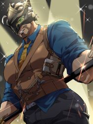 Rule 34 | 1boy, bara, beard, black pants, blue shirt, brown vest, cane, commentary request, diffraction spikes, facial hair, glowing, glowing eyes, green eyes, highres, holding, holding cane, looking at viewer, male focus, mask, multicolored hair, necktie, nizitaro, notebook, oscar (housamo), pants, pocket watch, shirt, sleeves rolled up, spotlight, tokyo houkago summoners, vest, watch, yellow necktie