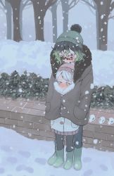 Rule 34 | 1boy, 1girl, alternate universe, beanie, black hair, black pantyhose, blush, boots, brother and sister, child, coat, cold, contemporary, covered mouth, daki (kimetsu no yaiba), facial mark, flower, footprints, full body, fur-trimmed coat, fur trim, gradient hair, green eyes, green footwear, green hair, green headwear, grey coat, gyuutarou (kimetsu no yaiba), hands in pockets, hat, hat flower, highres, kimetsu no yaiba, koyubi (cyxmbzh0anvefto), long sleeves, looking at another, looking away, looking down, miniskirt, multicolored hair, outdoors, pants, pantyhose, pink headwear, planter, pleated skirt, pom pom (clothes), pom pom beanie, rubber boots, shared clothes, shared coat, short hair, siblings, skirt, snow, snowing, standing, tree, two-tone hair, wavy hair, white coat, white hair, winter