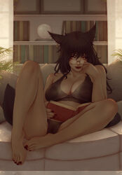 Rule 34 | 1girl, animal ears, book, breasts, brown eyes, brown hair, cat ears, cat tail, commentary, earrings, english commentary, facing viewer, final fantasy, final fantasy xiv, highres, indoors, jewelry, large areolae, large breasts, lips, looking to the side, miqo&#039;te, nail polish, nipples, open book, pubic hair, pubic hair peek, rimless eyewear, see-through, see-through bra, see-through panties, sitting, slit pupils, solo, soranamae, spread legs, tail, toenail polish, toenails, underwear, underwear only, warrior of light (ff14), z&#039;shepsei
