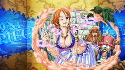 Rule 34 | 1girl, 2boys, alabasta, bent over, breasts, cleavage, large breasts, looking at viewer, multiple boys, nami (one piece), one piece, orange hair, outdoors, plant, roronoa zoro, standing, tagme, tattoo, tony tony chopper, tree, wink