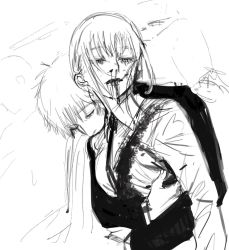 Rule 34 | 1boy, 1girl, bleeding, blood, blood from mouth, blood on clothes, blood on face, chainsaw man, closed eyes, collared shirt, denji (chainsaw man), eyebrows, eyelashes, fingernails, hair between eyes, half-closed eyes, hug, hug from behind, jacket, kamonegioisi, long sleeves, makima (chainsaw man), monochrome, necktie, nosebleed, pale skin, shirt, short hair, sketch, sleeves past elbows, spoilers, white shirt