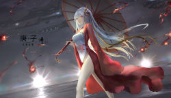 Rule 34 | 1girl, 2020, breasts, china dress, chinese clothes, commentary request, dress, dutch angle, facing viewer, grey hair, highres, long hair, medium breasts, oil-paper umbrella, one side up, original, red eyes, short dress, sleeves past wrists, solo, spacecraft, umbrella, walking, wangchuan de quanyan, wide sleeves