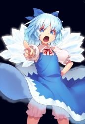 Rule 34 | 1girl, black background, bloomers, blue bow, blue dress, blue eyes, blue hair, bow, cirno, commentary request, cowboy shot, dress, foreshortening, glowing, glowing wings, hair bow, hand on own hip, ice, ice wings, kaiza (rider000), looking at viewer, neck ribbon, open mouth, pinafore dress, pointing, pointing at viewer, puffy short sleeves, puffy sleeves, red ribbon, ribbon, shirt, short hair, short sleeves, simple background, sleeveless dress, solo, standing, touhou, underwear, v-shaped eyebrows, white shirt, wing collar, wings