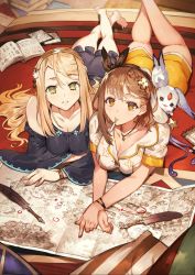 Rule 34 | 2girls, atelier (series), atelier ryza, blonde hair, braid, breasts, brown eyes, brown hair, candy, cleavage, artistic error, feet, fi (atelier), flower, food, hair flower, hair ornament, highres, klaudia valentz, large breasts, lollipop, looking at viewer, lying, map, multiple girls, off-shoulder shirt, off shoulder, official art, on bed, pointing, quill, reisalin stout, shell hair ornament, shirt, toridamono, wristband, wrong foot