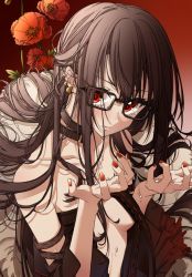 Rule 34 | 1girl, absurdres, black dress, blush, brown hair, choker, collarbone, crying, dress, earrings, fate/grand order, fate (series), flower, glasses, hair between eyes, hair spread out, head tilt, highres, jewelry, long hair, looking at viewer, nail polish, osanai, poppy (flower), red background, red eyes, red nails, ribbon-trimmed dress, solo, very long hair, yu mei-ren (fate)