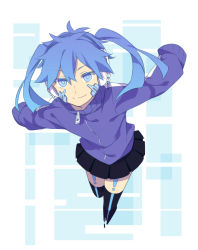 Rule 34 | 1girl, blue eyes, blue hair, ene (kagerou project), kagerou project, matching hair/eyes, sekina, skirt, sleeves past wrists, smile, solo, twintails
