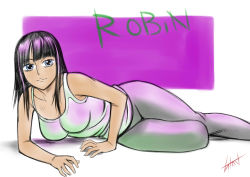 Rule 34 | 1girl, absurdres, arm support, bare shoulders, black hair, blue eyes, blunt bangs, breasts, character name, collarbone, highres, leggings, long hair, looking at viewer, lying, nico robin, on side, on stomach, one piece, pants, purple theme, shadow, shirt, sleeveless, sleeveless shirt, solo, tank top