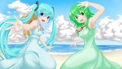 Rule 34 | 2girls, aqua hair, armpits, beach, blue eyes, cloud, day, dress, goggles, goggles around neck, green eyes, green hair, gumi, hat, hatsune miku, hatsune negame, long hair, multiple girls, open mouth, outdoors, sky, straw hat, sun hat, twintails, very long hair, vocaloid, water