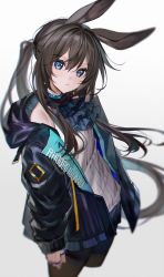 Rule 34 | 1girl, amiya (arknights), animal ears, arknights, ascot, bad id, bad twitter id, black jacket, black pantyhose, black skirt, blue ascot, blue eyes, brown hair, highres, jacket, jewelry, kawachi rin, long hair, multiple rings, neck ring, off shoulder, open clothes, open jacket, pantyhose, parted lips, ponytail, rabbit ears, ring, shirt, simple background, skirt, sleeveless, sleeveless shirt, solo, white background, white shirt
