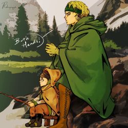 Rule 34 | 1boy, 1girl, blonde hair, cape, child, english text, fishing, forest, green cape, highres, hild (vinland saga), karli, lake, looking to the side, nature, outdoors, red hair, viking, vinland saga