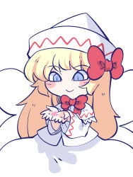 Rule 34 | 1girl, blonde hair, blue eyes, blush stickers, capelet, chahan (fried rice0614), closed mouth, fairy, fairy wings, hat, highres, lily white, long hair, long sleeves, petals, shirt, simple background, skirt, smile, solo, touhou, white background, white capelet, white hat, white shirt, white skirt, wings