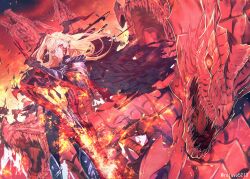 Rule 34 | 1girl, armor, black bodysuit, black cape, blonde hair, bodysuit, cape, dragon, dragon horns, fate/grand order, fate (series), fire, flaming sword, flaming weapon, highres, holding, holding sword, holding weapon, horns, long hair, nero claudius (fate), nero claudius (fate) (all), pointy ears, queen draco (fate), queen draco (third ascension) (fate), red eyes, reluvy, slit pupils, sword, twitter username, weapon