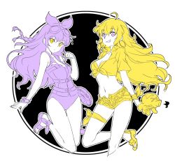 Rule 34 | 2girls, blake belladonna, blonde hair, bow, bracelet, breasts, earrings, front-tie top, goggles, goggles on head, hair bow, highres, iesupa, jewelry, large breasts, limited palette, long hair, midriff, multiple girls, navel, one-piece swimsuit, purple eyes, purple hair, rwby, sandals, short shorts, shorts, swimsuit, thighlet, vest, wavy hair, yang xiao long, yellow eyes