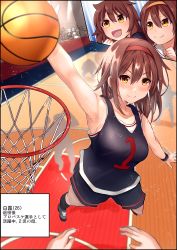 Rule 34 | 5girls, absurdres, aged up, ball, basketball, basketball (object), basketball court, basketball hoop, basketball uniform, black socks, blush, breasts, brown eyes, brown hair, closed mouth, collarbone, hair between eyes, hairband, highres, kantai collection, kneehighs, large breasts, long hair, multiple girls, multiple persona, open mouth, orange hairband, red hairband, shiratsuyu (kancolle), shoes, slam dunk (basketball), smile, sneakers, socks, sportswear, sweat, translation request, yano toshinori