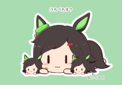 Rule 34 | :3, animal ears, bandaid, bandaid on cheek, bandaid on face, black hair, blush stickers, chibi, closed mouth, gomashio (goma feet), green background, hair ornament, hairclip, horse ears, horse girl, horse tail, lying, on stomach, outline, simple background, swept bangs, tail, translation request, umamusume, white outline, winning ticket (umamusume), | |