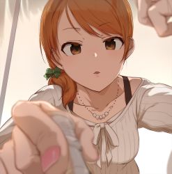 Rule 34 | 1girl, alternate hairstyle, ao (aocooler), blurry, bow, bra strap, brown eyes, brown hair, casual, collarbone, depth of field, foreshortening, hair bow, hojo karen, idolmaster, idolmaster cinderella girls, jewelry, looking at viewer, necklace, parted lips, ponytail, pov, ribbed sweater, solo, sweater