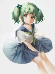 Rule 34 | 1girl, absurdres, blue serafuku, blue skirt, blunt bangs, feet out of frame, fumori, green eyes, green hair, grey background, hair bobbles, hair ornament, highres, kisume, looking at viewer, neckerchief, open mouth, pleated skirt, sailor collar, school uniform, serafuku, short hair, short sleeves, short twintails, sitting, skirt, solo, touhou, twintails, white background