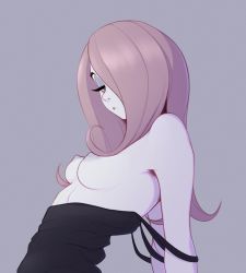Rule 34 | 1girl, absurdres, black shirt, breasts, closed mouth, colored nipples, expressionless, grey background, grey nipples, hair over one eye, highres, light purple hair, little witch academia, long hair, looking at viewer, nipples, pale skin, perky breasts, pudgeruffian, red eyes, shirt, simple background, small breasts, solo, strap slip, sucy manbavaran, tank top, upper body