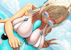 Rule 34 | 1girl, alternate costume, asuna (blue archive), between breasts, bikini, blonde hair, blue archive, blue eyes, blue nails, blue ribbon, blue sky, breasts, cloud, collarbone, commentary request, day, fingernails, hair over one eye, hair ribbon, horizon, large breasts, long hair, looking at viewer, mole, mole on breast, nail polish, ocean, outdoors, ribbon, sky, smile, sunglasses, swimsuit, tan, tanline, v, white bikini, zukky