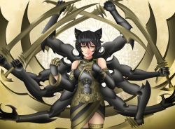 Rule 34 | 1girl, animal ears, armor, black hair, breasts, cat ears, extra arms, highres, holding, imagining, kali (mythology), kali belladonna, lobbyrinth, long hair, looking at viewer, mechanical arms, multiple swords, name connection, rwby, smile, smirk, solo, sword, weapon, yellow eyes