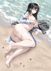 Rule 34 | 1girl, absurdres, ahoge, ass, azur lane, barefoot, beach, bikini, black hair, breasts, closed mouth, crossed bangs, dlnk, dorsiflexion, feet, full body, highres, large breasts, legs, long hair, lying, navel, official alternate costume, on side, open clothes, open shirt, red eyes, sand, shirt, skindentation, soles, solo, stomach, swimsuit, taihou (azur lane), taihou (seaside daydreams) (azur lane), thigh strap, thighs, toes, untied bikini, very long hair, water, wet, wet hair, white bikini, white shirt