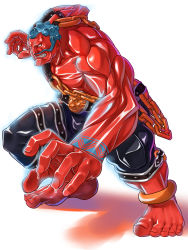 Rule 34 | 1boy, absurdres, anklet, barefoot, belt, belt buckle, blue hair, buckle, chain, clenched teeth, colored skin, con-tex, facial hair, fighting stance, full body, hakan, highres, jewelry, male focus, muscular, muscular male, mustache, oiled, red skin, simple background, solo, standing, street fighter, teeth, white background