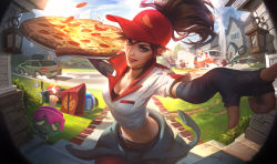 Rule 34 | 1girl, blue eyes, breasts, brown hair, cars, choker, cleavage, clothes around waist, elbow gloves, fingerless gloves, food, gloves, hat, league of legends, long hair, looking at viewer, medium breasts, official art, open mouth, pepperoni, pizza, pizza delivery, pizza delivery sivir, ponytail, red thighhighs, shirt, shirt around waist, sivir, smile, stuffed crust, thighhighs