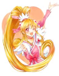 Rule 34 | 1girl, ;d, aida mana, arm up, blonde hair, brooch, choker, cure heart, dokidoki! precure, heart, heart brooch, highres, jewelry, long hair, looking at viewer, magical girl, marker (medium), mikan (mikataaaa), one eye closed, open mouth, pink eyes, ponytail, precure, simple background, smile, solo, traditional media, very long hair