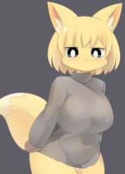 Rule 34 | 1girl, :3, animal ear fluff, animal ears, black eyes, blonde hair, blush, breasts, bright pupils, closed mouth, commentary request, cowboy shot, fox ears, fox girl, fox tail, furry, furry female, grey background, highres, large breasts, lets0020, long sleeves, looking at viewer, medium bangs, original, short hair, simple background, sleeves past wrists, smile, solo, sweater, tail, turtleneck, turtleneck sweater, white pupils