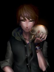 Rule 34 | 1boy, absurdres, brown hair, earrings, eric (ubok.), highres, holding, hood, jewelry, looking at viewer, male focus, masato hiro, nail polish, ring, skull, solo, ubok., yellow eyes