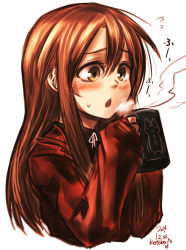 Rule 34 | 10s, 1girl, 2014, blowing, blush, brown eyes, brown hair, chestnut mouth, cup, dated, highres, kotoba noriaki, long hair, mug, original, signature, sleeves past wrists, solo, upper body