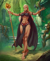 Rule 34 | 1girl, abs, anklet, barefoot, bracelet, cape, choker, crop top, earrings, green eyes, highres, jewelry, jungle, loincloth, long hair, looking at viewer, muscular, muscular female, nature, necklace, outstretched arms, queen la (tarzan), smile, solo, spread arms, staff, tarzan, thick thighs, thighs, toned, white hair, xevious art