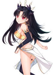 Rule 34 | 1girl, absurdres, ass, bad id, bad pixiv id, bare shoulders, black hair, blush, breasts, catnnn, commentary request, crown, earrings, fate/grand order, fate (series), hair ribbon, highres, hoop earrings, ishtar (fate), jewelry, large breasts, long hair, looking at viewer, parted bangs, red eyes, ribbon, simple background, single thighhigh, smile, solo, thighhighs, two side up, white background