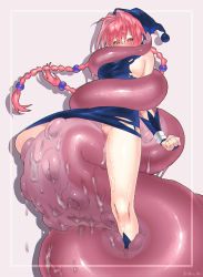 Rule 34 | 1girl, blue dress, blue headwear, blush, braid, breasts, bridal gauntlets, clenched hand, commentary request, commission, crotch rub, dorothy (marchen awakens romance), dress, heart, heart-shaped pupils, large breasts, long hair, marchen awakens romance, ooshio7734, pink eyes, pink hair, pussy, skeb commission, suction cups, suggestive fluid, symbol-shaped pupils, tentacles, torn clothes, torn dress, twin braids, very long hair