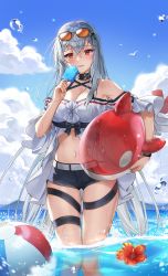 Rule 34 | 1girl, absurdres, arknights, bad id, bad pixiv id, ball, bare shoulders, beachball, black choker, blue sky, blush, breasts, choker, cleavage, cloud, commentary, day, eyewear on head, feet out of frame, flower, food, hair between eyes, hand up, hibiscus, highres, holding, holding food, huge filesize, inflatable orca, inflatable toy, large breasts, long hair, looking at viewer, milcona, navel, no headwear, off-shoulder shirt, off shoulder, official alternate costume, outdoors, parted lips, popsicle, red eyes, red flower, shirt, short shorts, short sleeves, shorts, silver hair, skadi (arknights), skadi (waverider) (arknights), sky, smile, solo, standing, stomach, sunglasses, thigh strap, thighs, very long hair, wading, water, water drop, white shirt