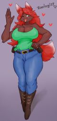 Rule 34 | animal ears, bare shoulders, belt, black eyes, boots, breasts, bursting breasts, claws, cleavage, curvy, dark skin, english text, eyelashes, fangs, female focus, full body, furry, furry female, green shirt, hand on own hip, heart, highres, long hair, medium breasts, one eye closed, open mouth, pants, pocket, purple background, red hair, shiny clothes, shiny skin, shirt, skindentation, smile, solo, solo focus, standing, suigi, tail, taut clothes, taut shirt, terraria, thick eyebrows, wink, wolf ears, wolf girl, wolf tail, zoologist (terraria)